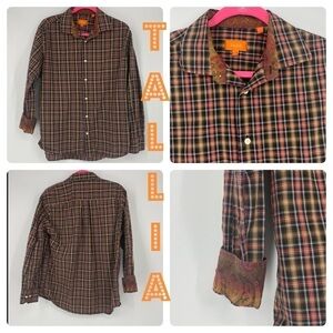 Tallia fall button up shirt with contrast cuffs. Brown orange black.  Collared